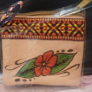 Floral Leather & Woven Design Coin Purse